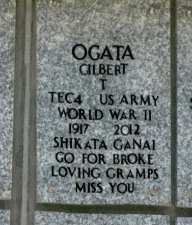 Headstone of Gilbert T. Ogata with shikata ga nai inscription