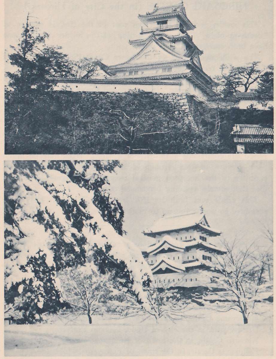 Two black-and-white photographs, one above the other. Upper: a building of stacked roofs with a gable and a railed top level stands behind a long white wall with a tiled top, above dark trees, with a low tiled roof at the right. Lower: a white-walled building with stacked roofs stands among thin bare trees, with snow on its roofs, on the trees and on the ground, and a large dark-leaved branch loaded with snow arches in at the left.