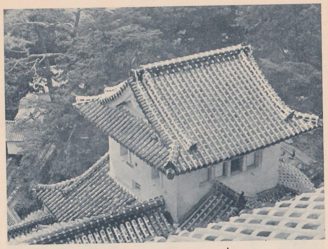 Black-and-white photograph looking down on a large tiled roof with a pale lattice of white lines between its tiles and its ridge ends curled up, over a small white-walled upper room with narrow windows. Other tiled roofs with the same pale lines fill the lower left and lower right foreground, and pine trees fill the background above.