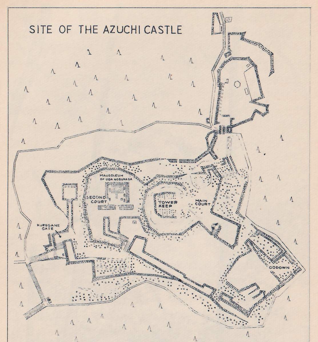 Black-and-white map with its title at the upper left. Thick double-lined outlines of enclosures and walls, drawn with small dots and dashes, run across the sheet: a large irregular enclosure on the left and center with several smaller enclosures inside it, a narrow walled strip running up the right side to a separate enclosure at the top right, and a long diagonal wall at the lower center and right. Small upright wedge marks stand across the empty areas around them. Printed labels, as set on the map: SITE OF THE AZUCHI CASTLE (the title, upper left); MAUSOLEUM OF ODA NOBUNAGA; SECOND COURT; TOWER KEEP, inside a many-sided enclosure at the center; MAIN COURT, to its right; KUROGANE GATE, at the left beside a small arrow; GODOWN, at the lower right. Seven labels in all, the title among them.