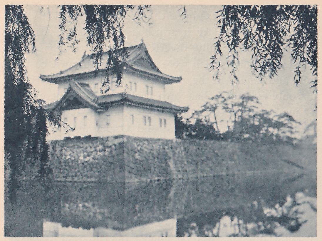 Black-and-white photograph of a white-walled building with two stepped roofs, the upper one with a gable and curved eaves, standing on a tall wall of fitted stones above still water. Long hanging leafy branches frame the picture at the top and left, and trees show at the right. The wall and the building are mirrored in the water across the lower half.