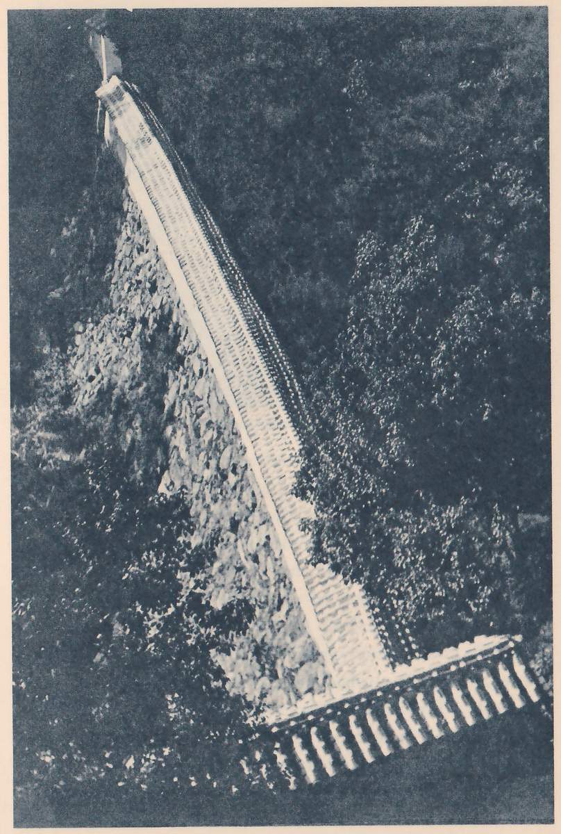 Black-and-white photograph taken from high above, looking steeply down at a long wall with a pale tiled top that runs diagonally from the upper left to the lower right and meets, at its lower end, a second tiled wall running off to the right. A face of fitted stones shows below the first wall at the left. Dense dark trees fill the rest of the picture.