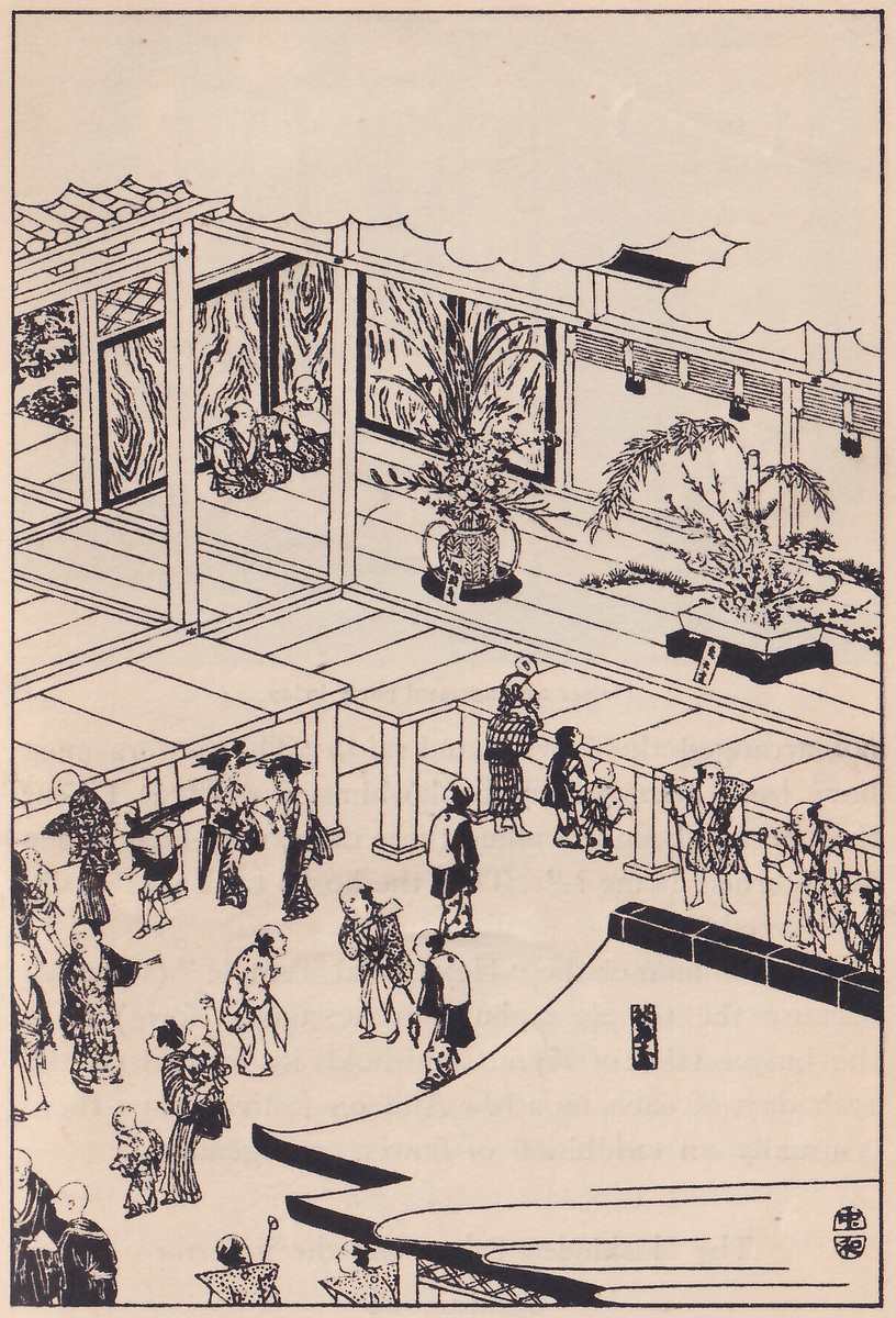 Black-and-white woodblock print of a house with a raised wooden floor, on which two large arrangements stand, one in a tall vase and one in a flat dish, and two men sit behind them; in the yard below, many men, women and children in kimono walk about and look up.