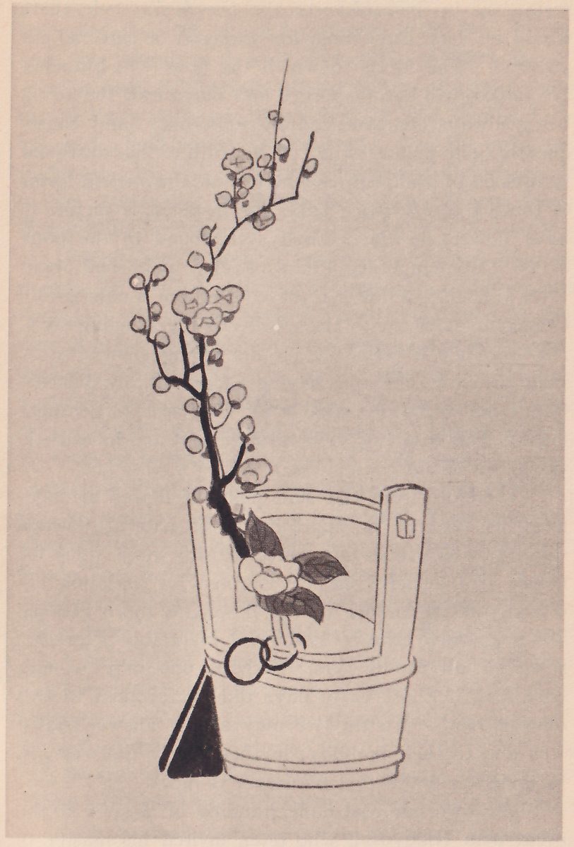 Painting of a wooden pail with two tall staves rising from its rim, on a gray ground, a long branch of plum blossoms rising from it in a curve and a camellia with dark leaves low in the pail.