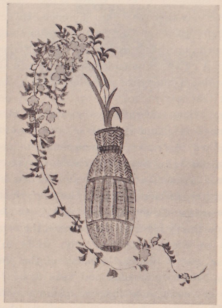 Painting of a woven basket vase with a tall slim form, from which a long thin vine of small flowers loops up and over to the left and down in a wide curve, with a few iris leaves standing in the vase.