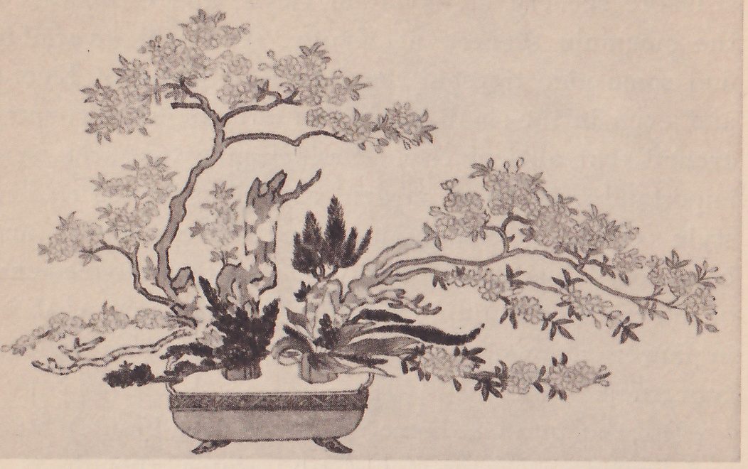 Painting of a low footed dish with two clumps of dark foliage and long blade-like leaves at the center, a pale rock between them, a tall blossoming tree branch curving up at the left and a long blossoming branch reaching out to the right, with more blossom low at the sides.