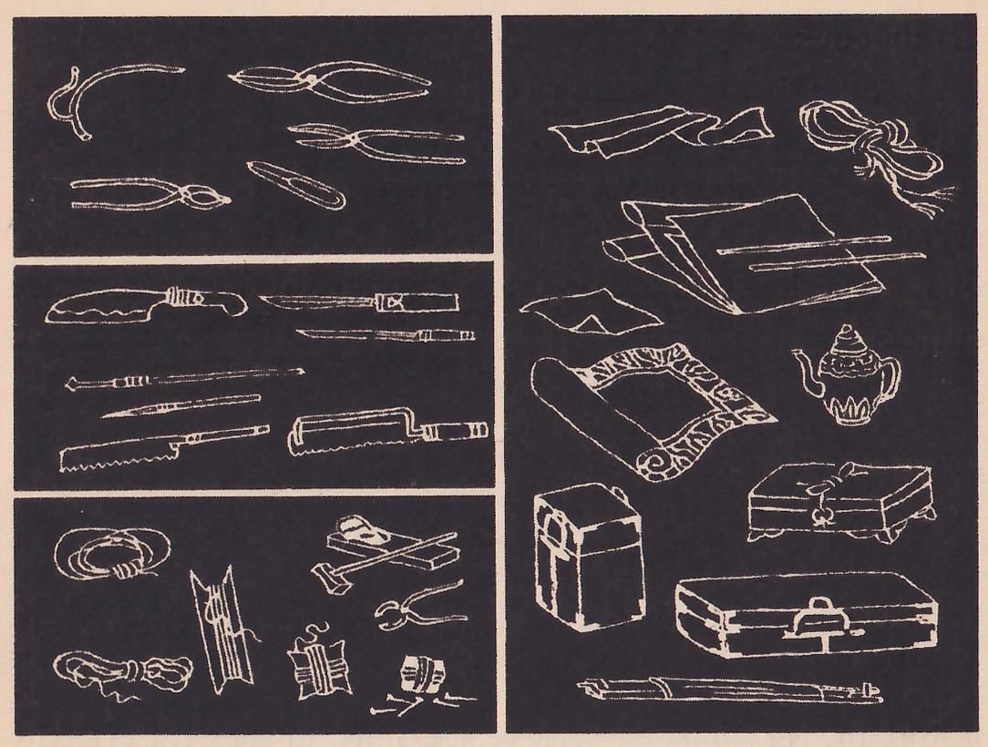 Four boxes of white line drawings on black, three stacked at the left and one tall at the right: shears, pliers and small tools, knives and saws, cord, a hammer, folded cloth, a rolled mat, a small teapot, a box with a lid and a long case.