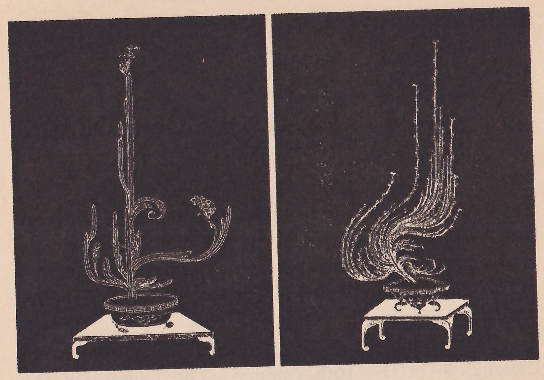 Two white-on-black line drawings side by side, each of an arrangement in a low bowl on a small table. At the left a tall central stem with side stems that curl, with a bloom at the top; at the right a swept mass of long thin willow branches bending to the left.