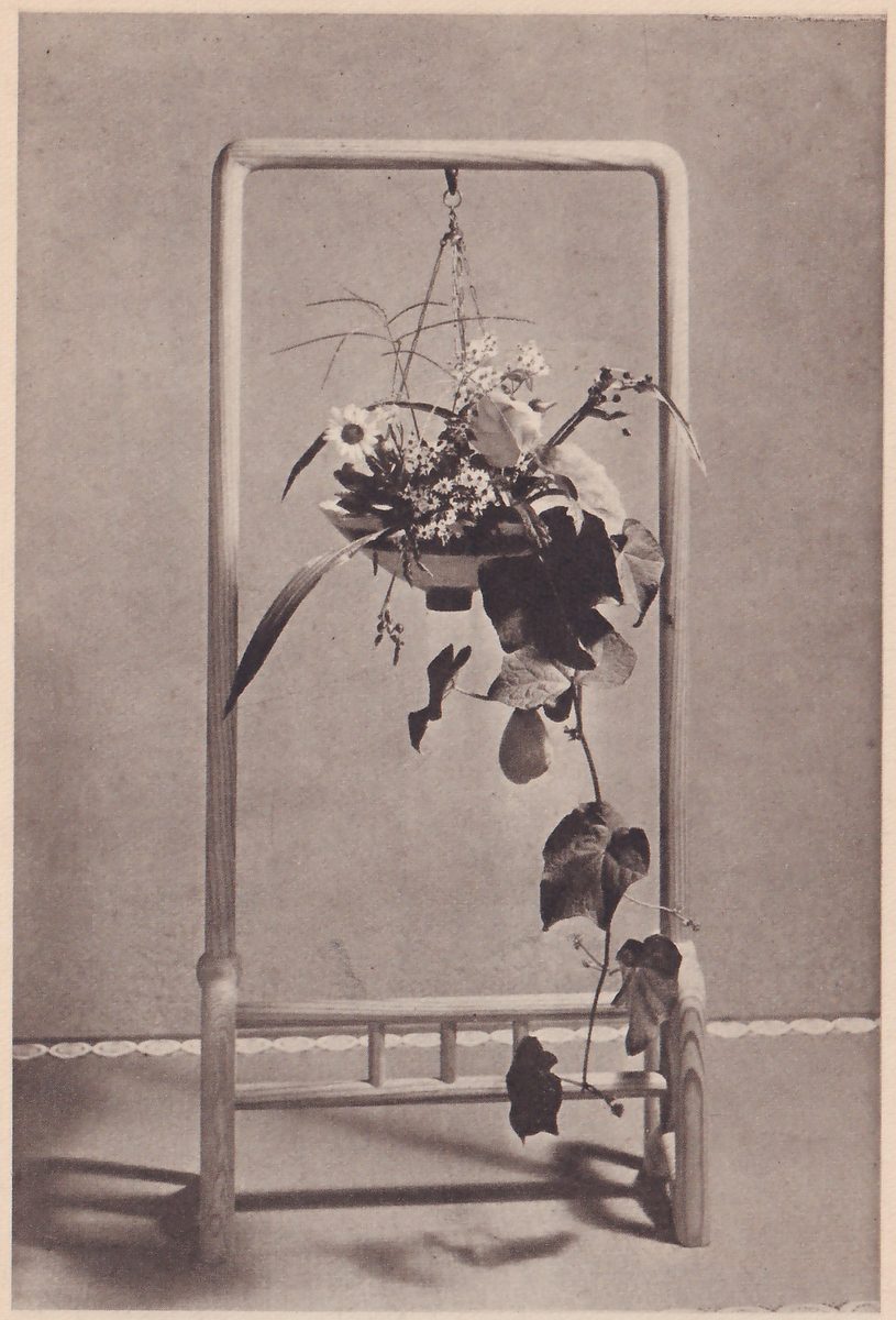 Photograph of a flat dish of flowers and leaves hanging by a chain inside a tall slim wooden frame, with a long vine with large leaves trailing down from it to the floor.