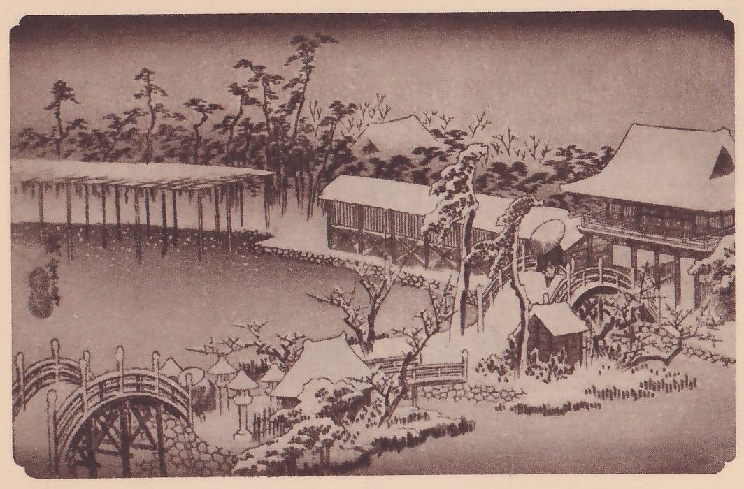Print of a snowy garden around a pond: a high arched wooden bridge crosses the water at the lower left, and a second arched bridge at the right leads to a building with a wide snow-covered roof and a railed upper floor, a person under a round umbrella crossing it. A long, flat snow-covered frame on posts stands over the water at the left, and bare and snow-laden trees and a small roofed shed fill the middle.