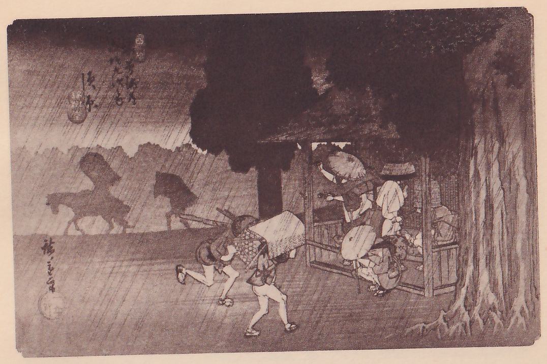 Print of people hurrying through pouring rain: at the lower left two men bend forward and run, carrying a covered load with a lattice cover between them, and at the right several people crowd into a small open shed under a great tree trunk, some holding umbrellas. In the gray distance at the upper left horse shapes with loads move through the rain. Title writing is at the upper left and a signature and seal at the lower left.