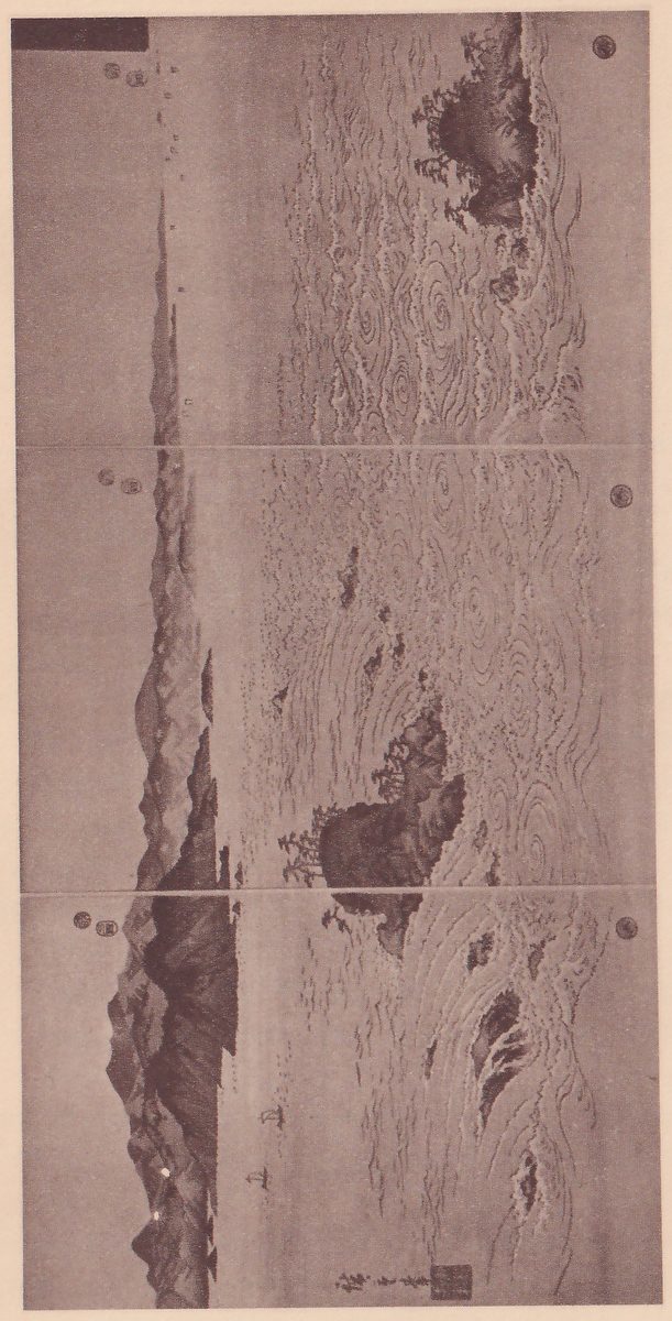 Print of a stormy sea in three panels, shown turned on its side with the three panels one above another: pale swirling lines of whirlpools cover the water across the center and right, dark rocky islets with small trees rise from the sea, and mountains and a pale sky lie along the left edge, with small pale marks near the lower left. Seals and writing are along the edges.