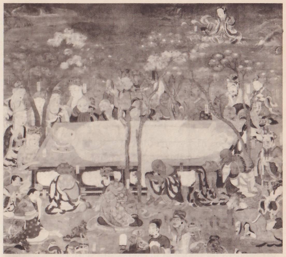 Painting of a crowded scene among flowering trees: a long pale shape lies on a low platform at the center, with many people of different sizes and dress gathered around it, and a small figure sits on a cloud at the upper right.