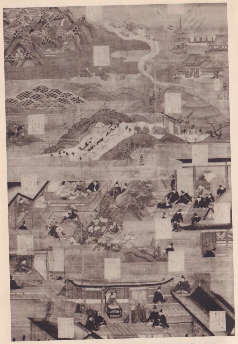 Faint painting: at the top, mountains, a winding pale line running down between the hills and several buildings with a tall pagoda at the upper right; in the middle, a hillside with a line of tiny figures and a gate; below, buildings with raised floors on which groups of figures in dark clothing sit; small pale rectangles are scattered across the whole picture.