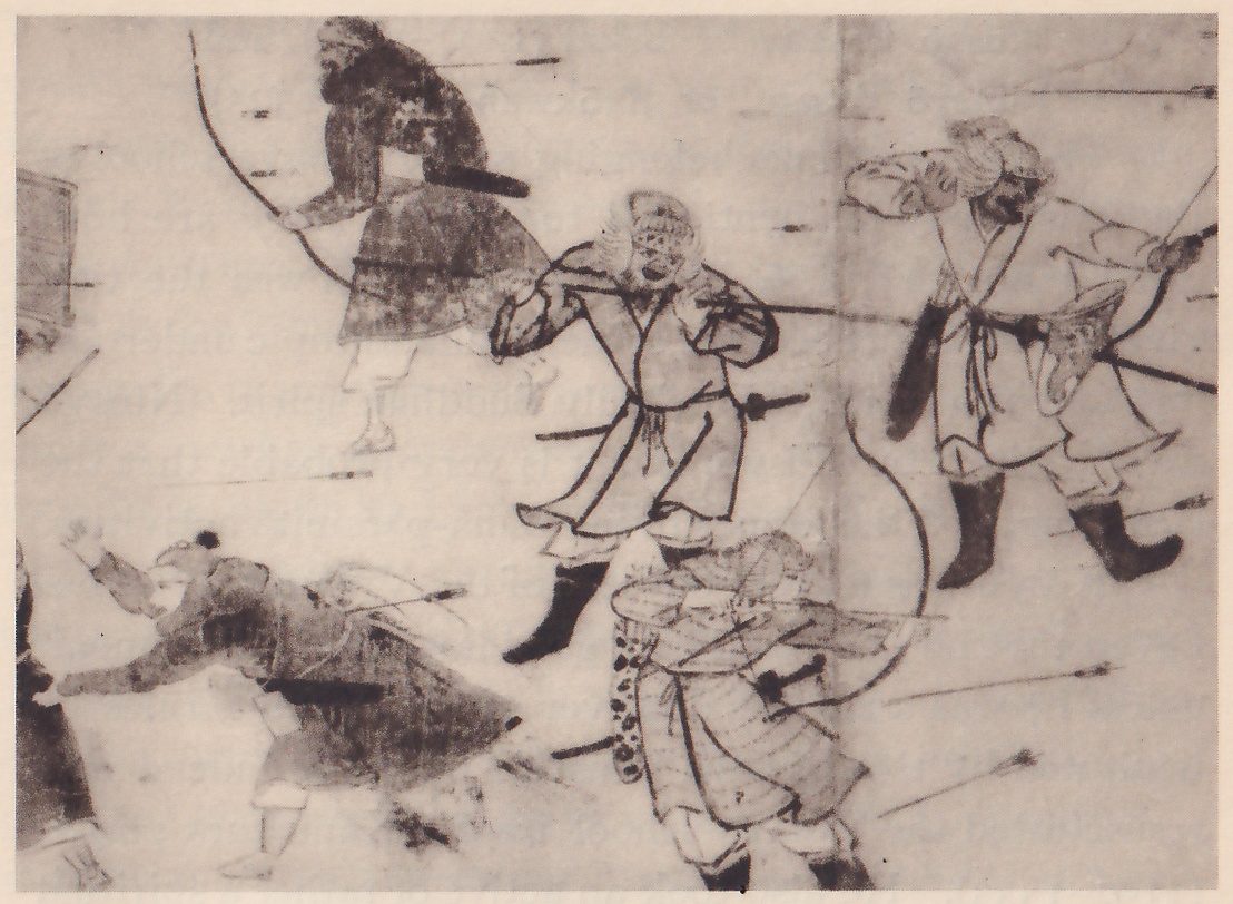 Faded painting of several men in tunics, some in boots and some in dotted armor, drawing or holding long bows; one at the lower left bends far forward with an arm stretched out, and arrows lie scattered across the pale ground.