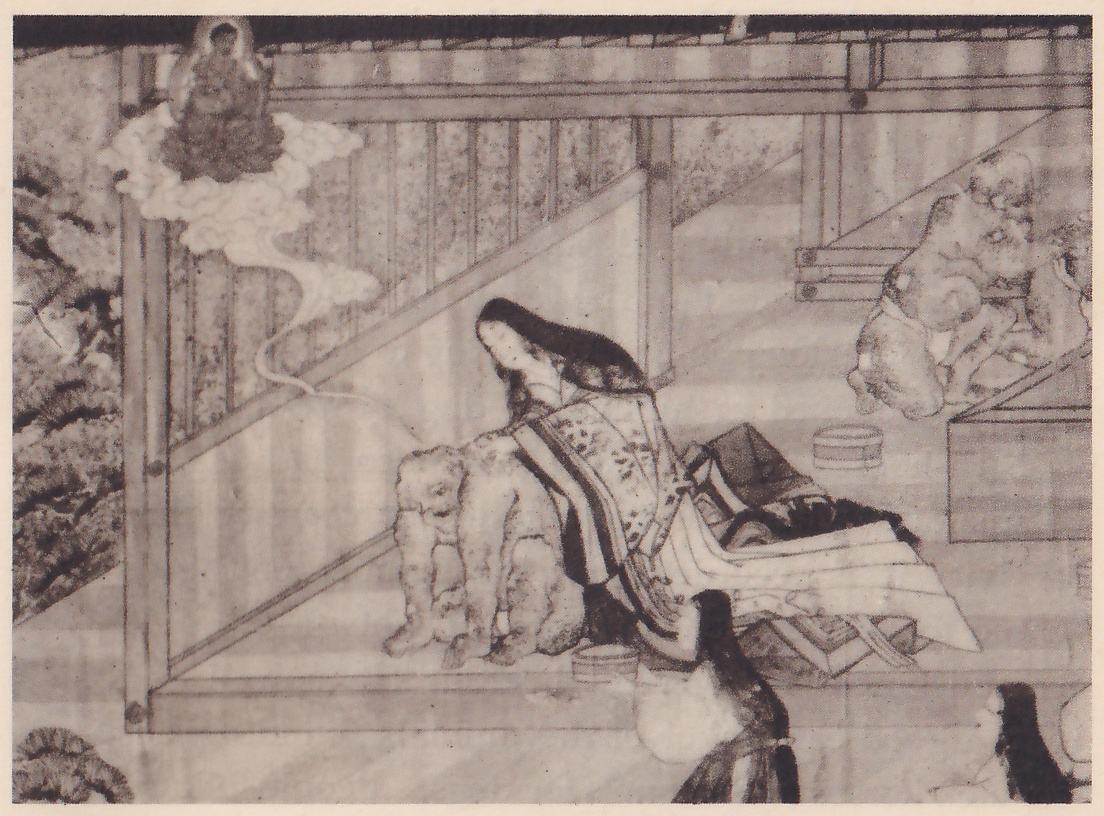 Painting of the veranda of a wooden building: a woman with very long black hair in layered patterned robes bends over a pale seated figure beside her, a small figure sits on a cloud at the upper left, more pale figures show at the right edge, and round tubs stand on the floor.
