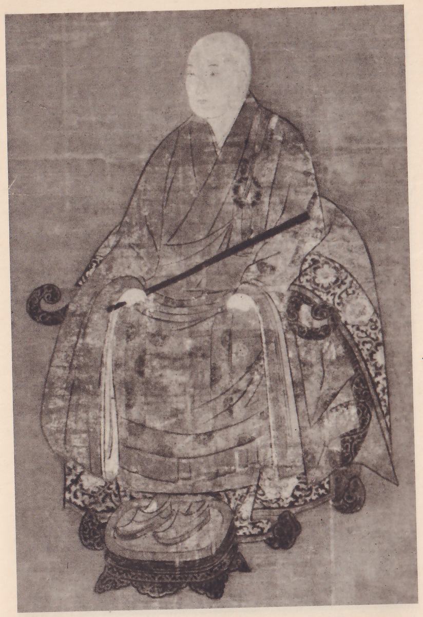 Faded painting of a seated bald man in a robe on a chair with curled arm ends, holding a long dark stick that slants up across his body to the right, and shoes on a low footstool at the bottom.