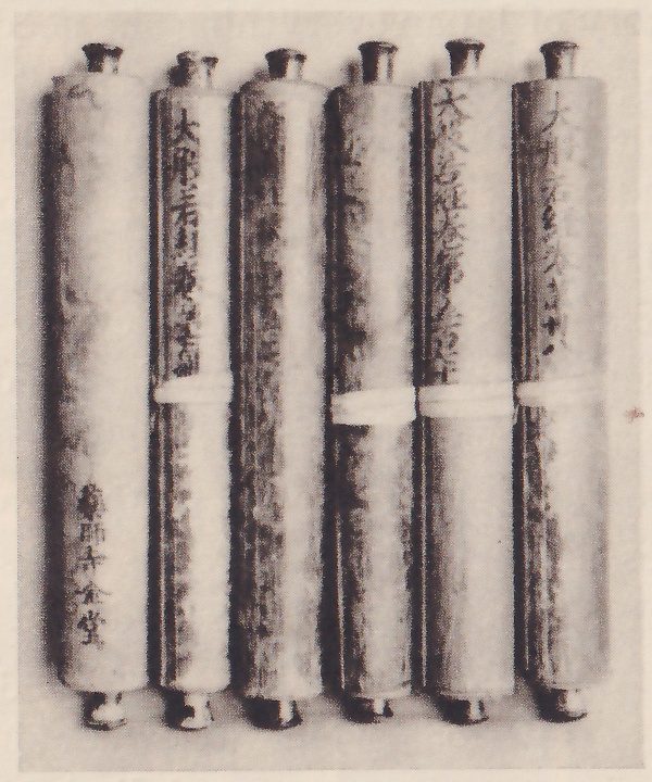 Photograph of six rolled scrolls standing upright side by side on a pale ground, each with knobbed ends; several carry columns of characters written down the roll.
