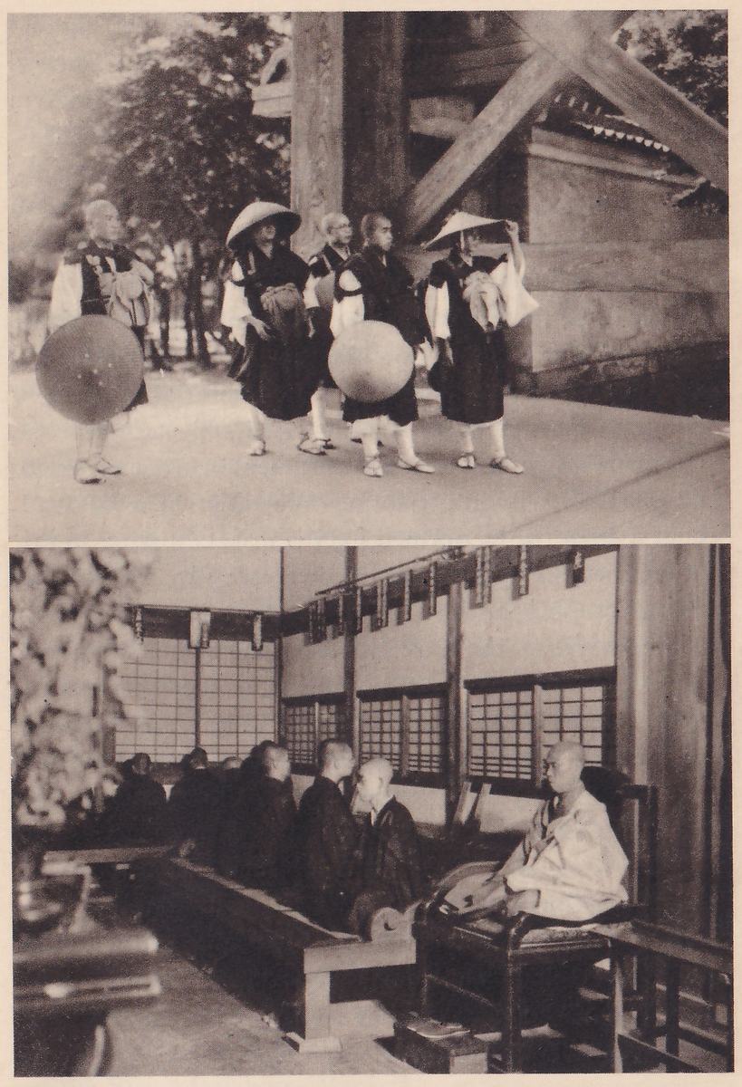 Two photographs, one above the other. Upper: several men in dark robes, white leggings and straw sandals standing outdoors beside a big wooden gate post, some holding or wearing wide round woven hats; the one at the left holds a round hat in front of him. Lower: the inside of a long hall with paper-paned windows, men in dark robes sitting in a row along a bench at the left, and at the right a man in a pale robe on a raised seat, facing left.
