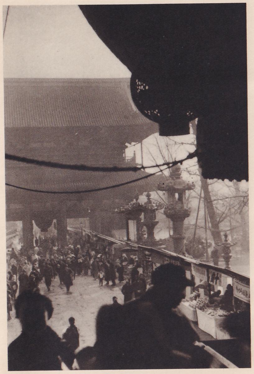 Photograph looking down from under a dark temple eave over a crowded precinct: a large crowd fills a wide open area below a big roofed building in the background, tall lanterns stand at the right, small stalls line a rail at the right edge, and dark shapes of heads and shoulders fill the foreground.