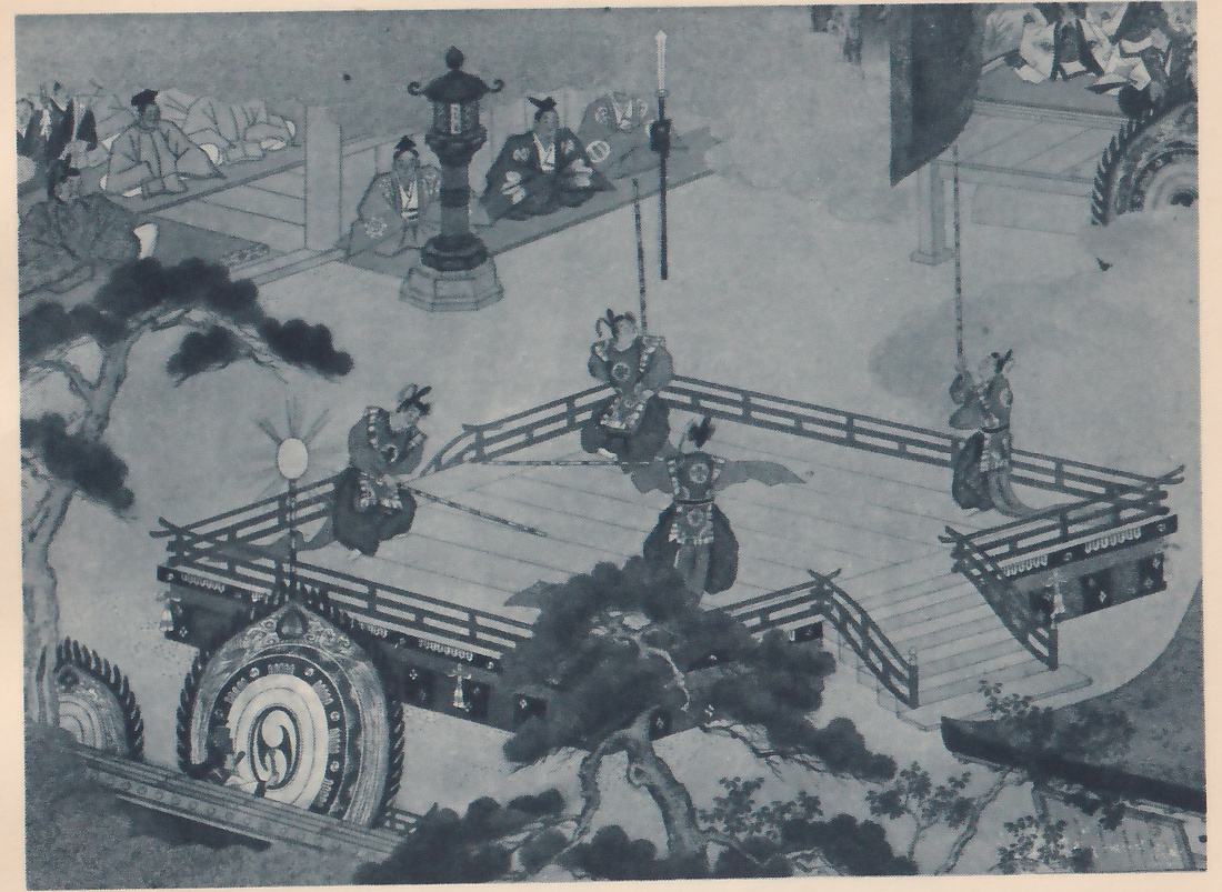 Painting, seen from above, of a raised square platform with a railing around it and steps at the lower right, where four people in long robes and caps move about, some holding long thin poles or blades. A pole topped with a round disk with rays stands at the left corner, large round drums with decorated frames stand at the lower left and upper right, and a tall lantern stands at the upper left. Rows of seated men in robes and caps sit on raised floors at the upper left and upper right, and pine trees fill the left and lower center.