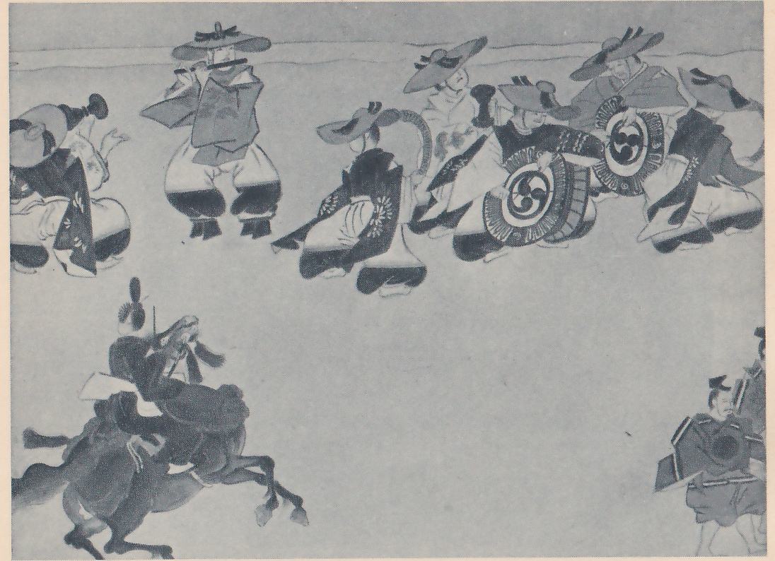 Painting on a pale ground of a row of people in wide round hats with dark ties, standing, crouching or seated close together across the top. One holds a long thin pipe to the mouth, two hold large round drums marked with swirl patterns, and one at the far left has a bottle-shaped object beside the head. At the lower left a person in dark clothes sits on a rearing dark horse, and at the right edge a person in stiff dark clothes with a round mark on the chest is partly cut off.