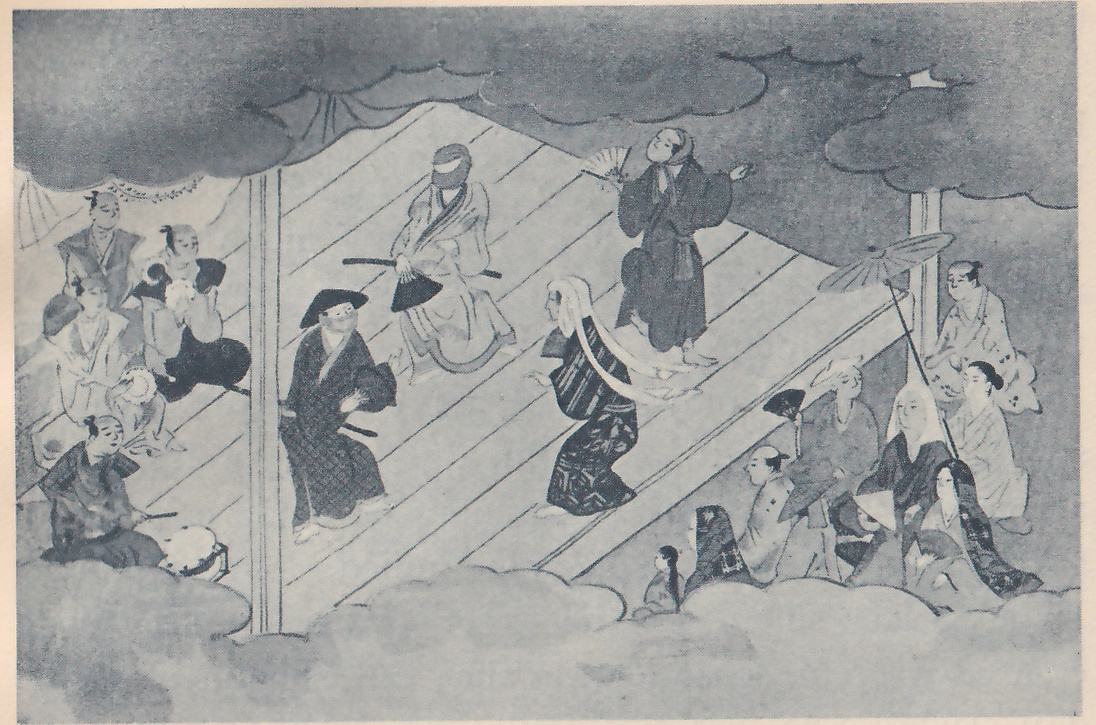 Painting of a slanted wooden floor with diagonal boards, edged at the top and bottom by gray cloud shapes. At the center a person in a dark patterned robe bends forward with a long white cloth trailing from the head; at the upper right a person in a dark robe stands barefoot with an open fan in one hand and the other arm raised. A person in a wide black hat stands at the left with a sword at the waist, and another sits at the center with a sword across the lap. At the left edge several people sit close together, one at the lower left holding a stick beside a small drum, and at the lower right a group of seated people watch, one holding an open umbrella over the group.