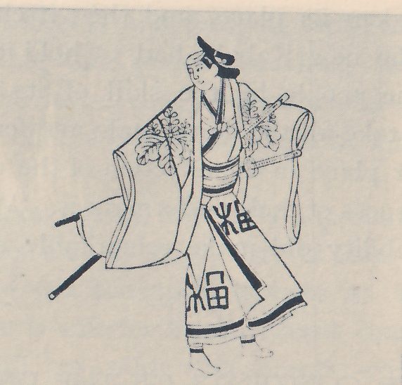 Line drawing of one barefoot figure standing with the head turned toward the viewer's right, wearing a dark cap tied on with a cloth, a long robe with very wide sleeves flung out at each side, a wide sash, and a sword at the hip, with a blade or pole slanting behind the body at the lower left. A large flower-like pattern is on the robe at the chest, and large characters are on the lower part of the robe.
