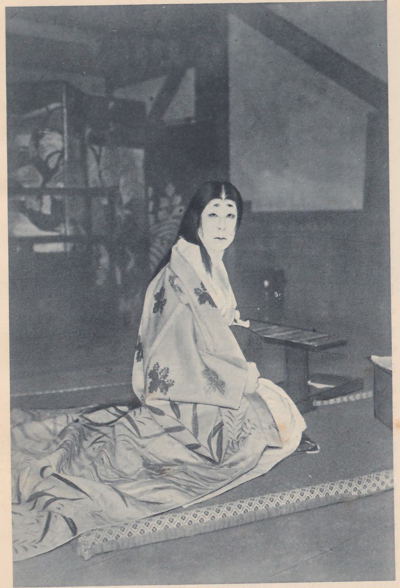 Photograph of a person kneeling on a mat floor with a patterned border, seen a little from the side and looking toward the viewer. The face is pale with high painted brows, and the long black hair, parted in the middle, falls past the shoulders. The long pale robe is patterned with dark sprigs and grass-like leaves, and a wide fold of it spreads across the mat at the left. Behind are a painted folding screen at the left, a low stand at the right and a pale panel on the wall under a dark slanting beam.