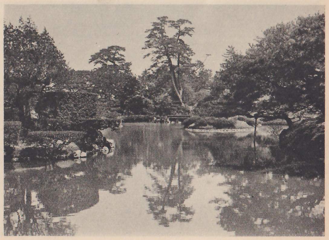 Photograph of a still pond with the trees and rocks along its far shore reflected in it: a tall pine with a pale trunk stands at the center among other pines, a low clipped hedge and rocks lie at the left, a flat bridge crosses a gap in the middle distance, and a leaning pine branch hangs in at the right.