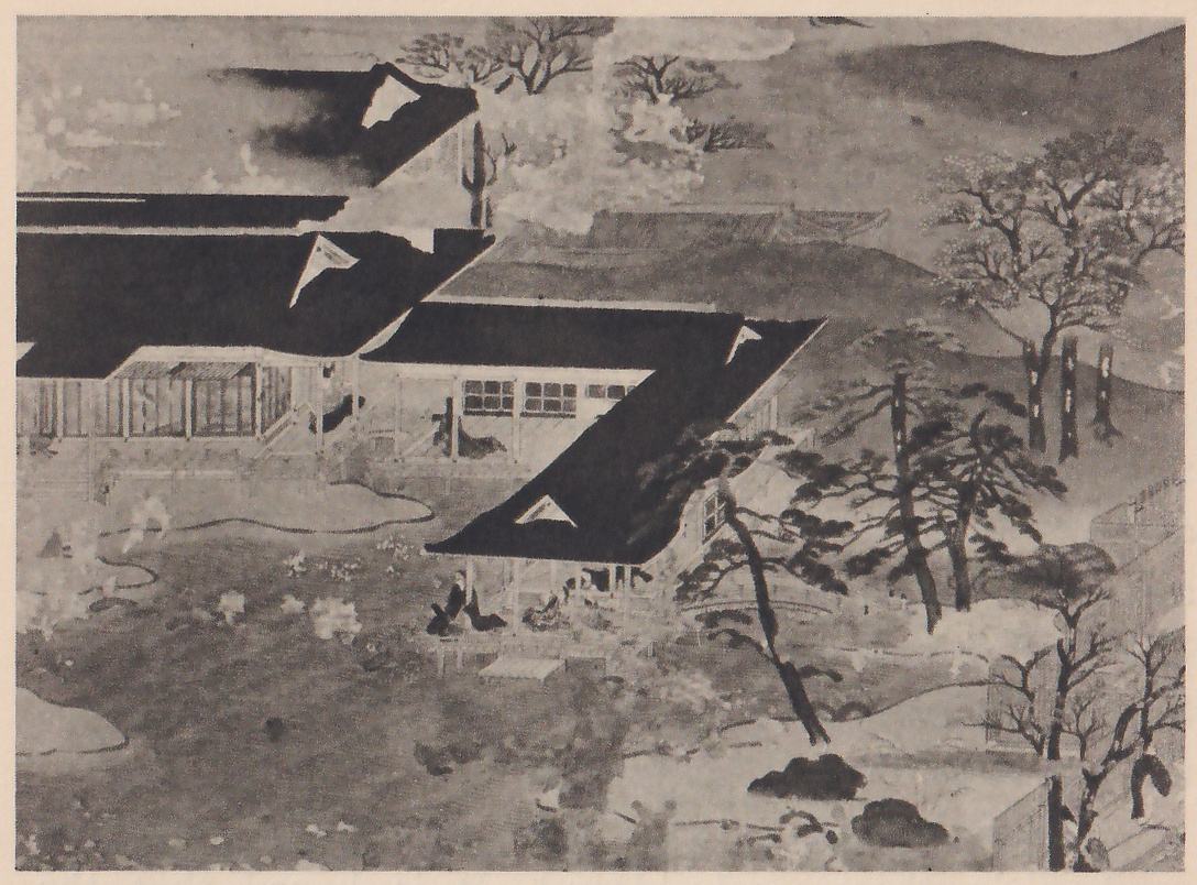 Black-and-white print of an old screen painting seen from above: buildings with large dark roofs and open verandahs stand at the left, with pine and bare trees at the right and flat garden ground with a pond shape in front. Very small figures show under the nearest roof.