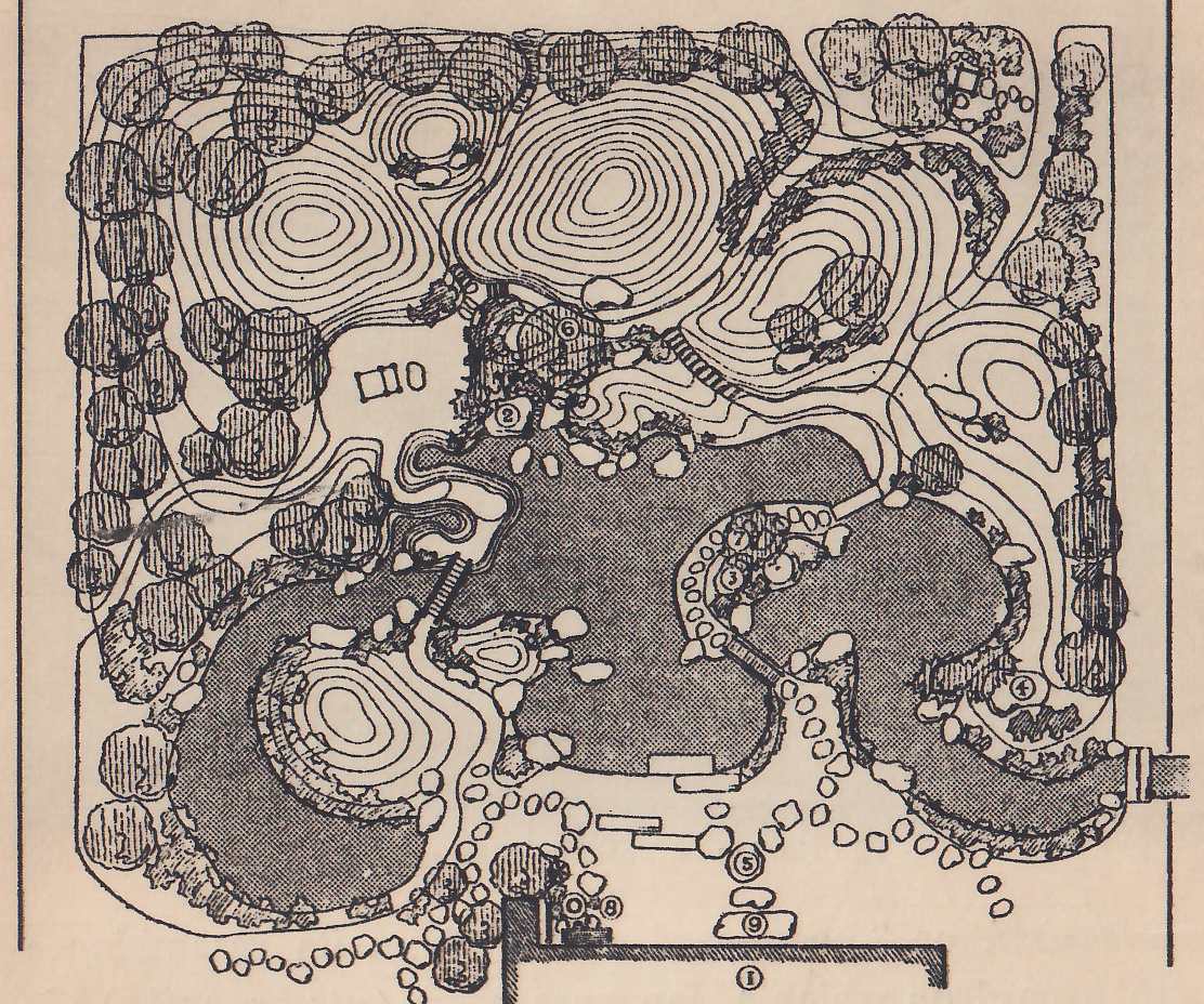Plan of a hill garden drawn from above inside a frame: a dark pond of joined rounded lobes fills the middle and lower part, hills drawn as rings of contour lines lie across the top and one more rings an island at the lower left of the pond, rounded tree crowns line the left and right edges, and small stones mark the shore and make a path along the bottom. Circled numbers mark features that the key printed below the plan names.