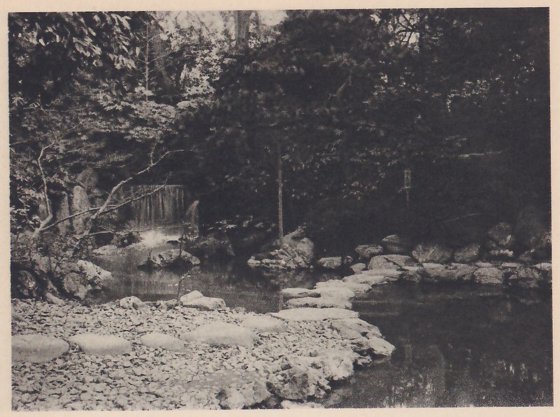 Photograph of a small, wide waterfall falling in many thin streams over a ledge at the left into a pool in a dark wooded garden; stepping-stones and a spit of small flat stones run across the foreground, a line of rocks edges the pool at the right, and a small signboard stands on a post among the trees.