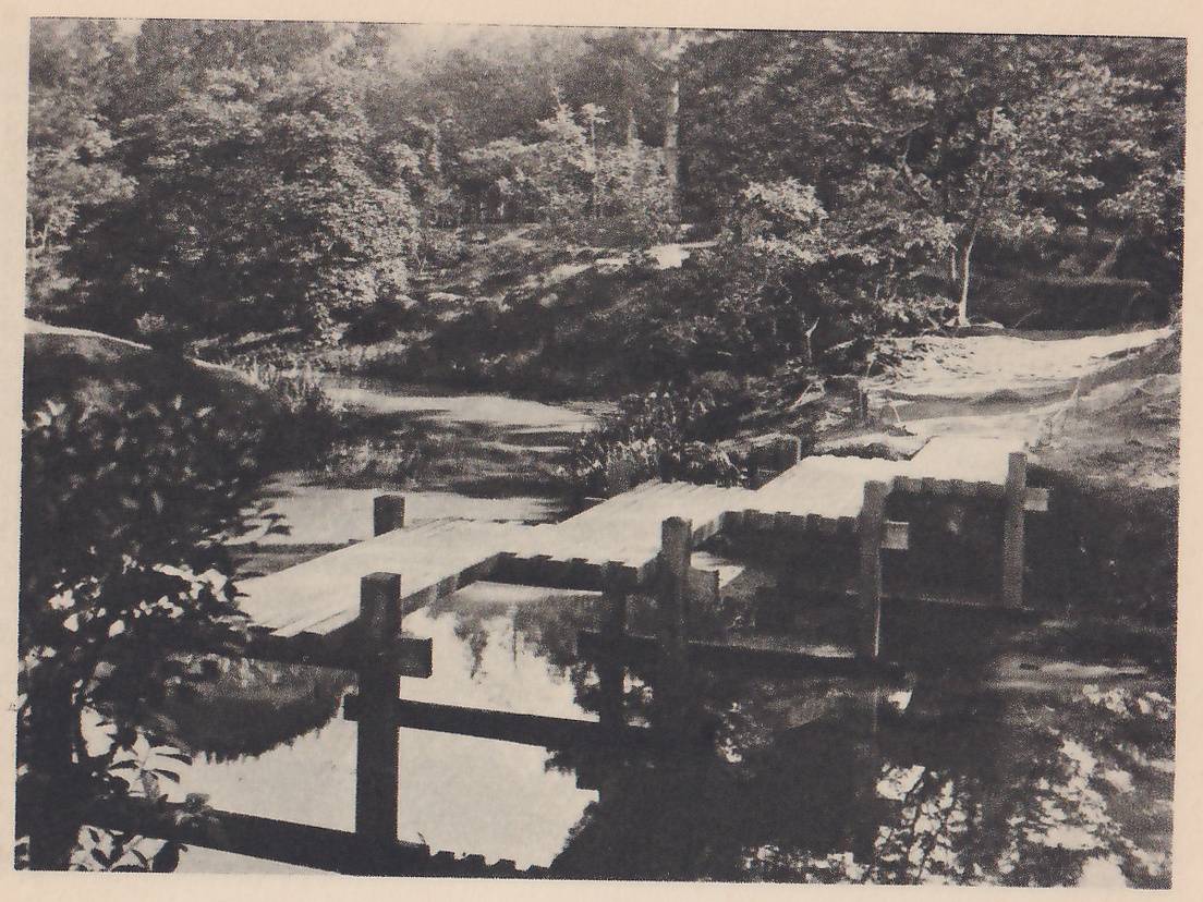 Photograph of a plank walkway that zigzags across a pond, made of wide boards laid in offset sections, with low wooden posts and rails at its edges, trees and shrubs on the far bank and a bare patch of ground at the upper right.