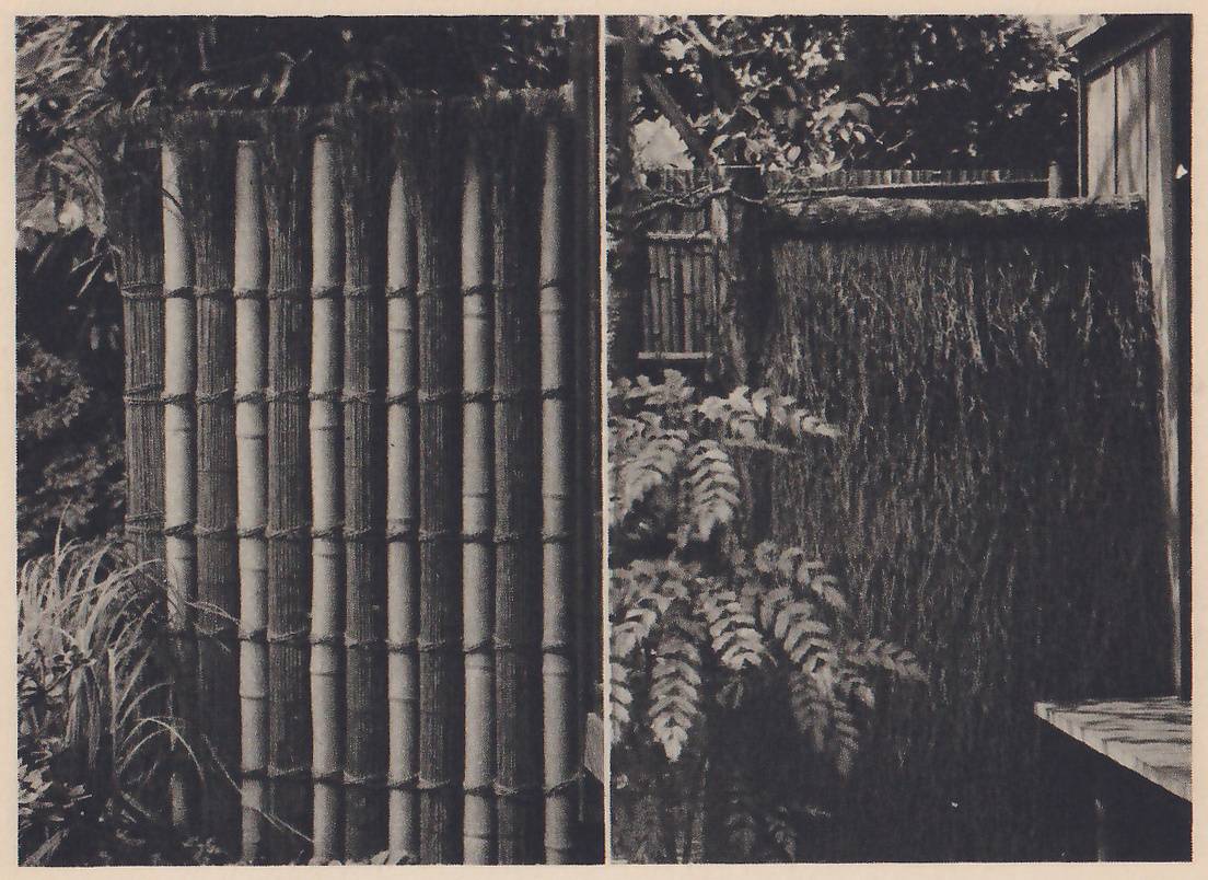 Two photographs side by side, each of a bamboo and brushwood fence. The left one is a fence curving around a corner, made of thick pale bamboo poles standing upright side by side and bound with horizontal cords, with the dark brushwork between the poles and plants at its foot. The right one is a tall fence of dense dark brushwood tied in bundles under a thatched top rail, with leaves of a shrub in front of it, a bamboo lattice behind its upper left corner and the edge of a plank wall and a bench at the right.