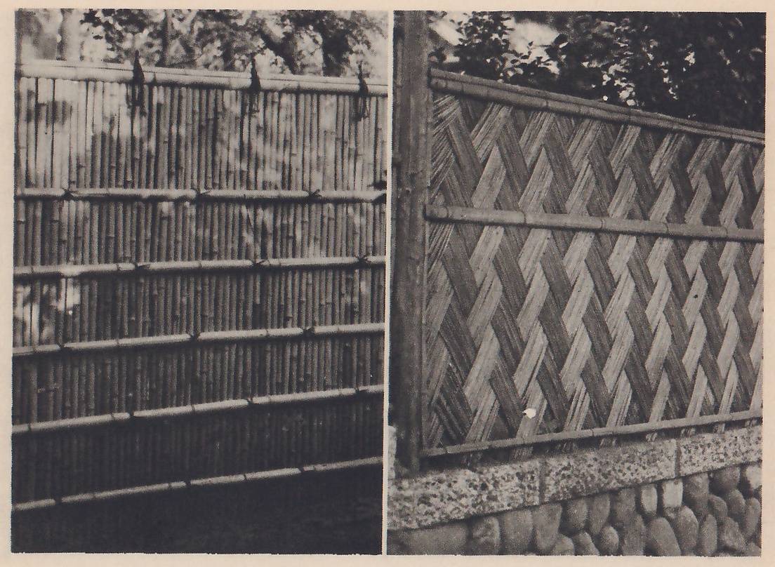 Two photographs side by side, each of a bamboo fence. The left one is a fence of many thin bamboo stems standing upright, held by several horizontal bamboo rails tied with dark cord. The right one is a fence of flat split bamboo strips woven in a slanting basket pattern between a thick post at the left and two horizontal rails, standing on a base of large rounded stones under a stone cap.