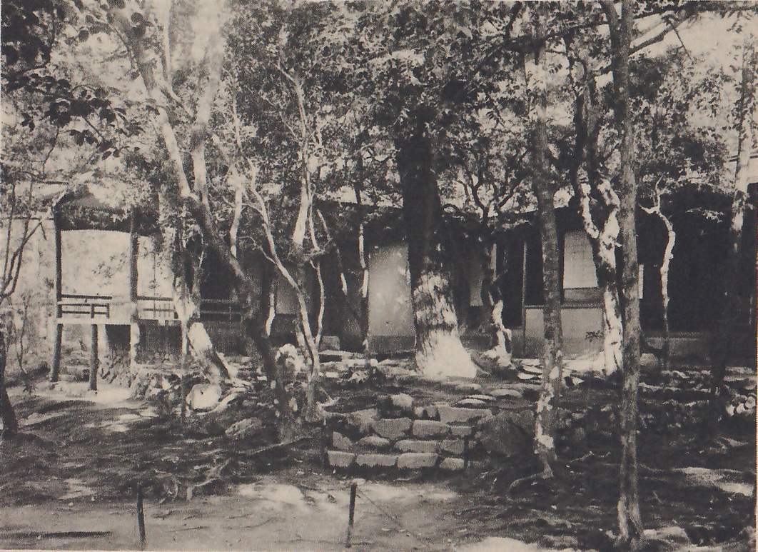 Photograph of a woodland garden with slender pale trunks and one thick trunk with pale patches near the center, a rough low stone stairway in the middle, and a small open building with a railing and a pitched roof at the left among the trees; two short posts stand in the foreground.