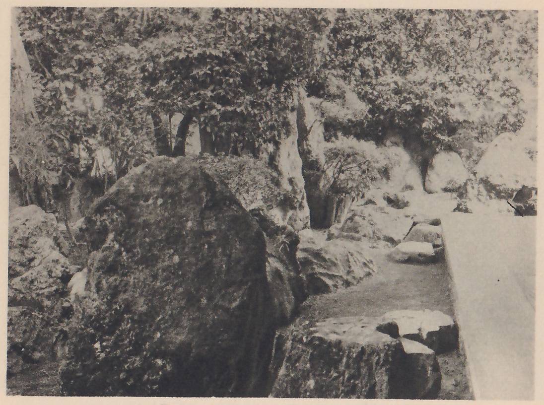 Photograph of a large dark boulder and other rough rocks standing among shrubs and trees, with a flat slab of rock in the lower foreground and a smooth stone-edged wooden floor running down the right side.
