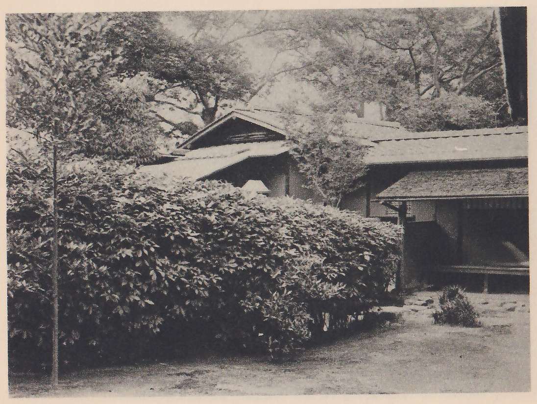 Photograph of a long, dense, clipped hedge running along the foreground, with a low house with several tiled eaves behind it and large trees spreading overhead; a young slender tree stands at the left, and a small shrub and stepping-stones lie at the right in front of the house’s open front.