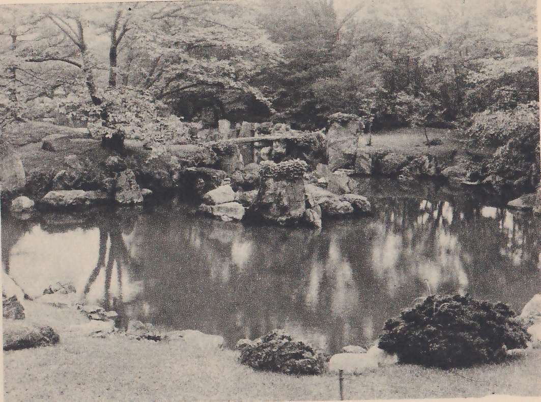 Photograph across a still pond to a far shore built up of large rocks, with a stone bridge laid across a gap among them at the center and trees reflected in the water; two clipped rounded shrubs stand at the near edge, and maples and other trees fill the upper part.