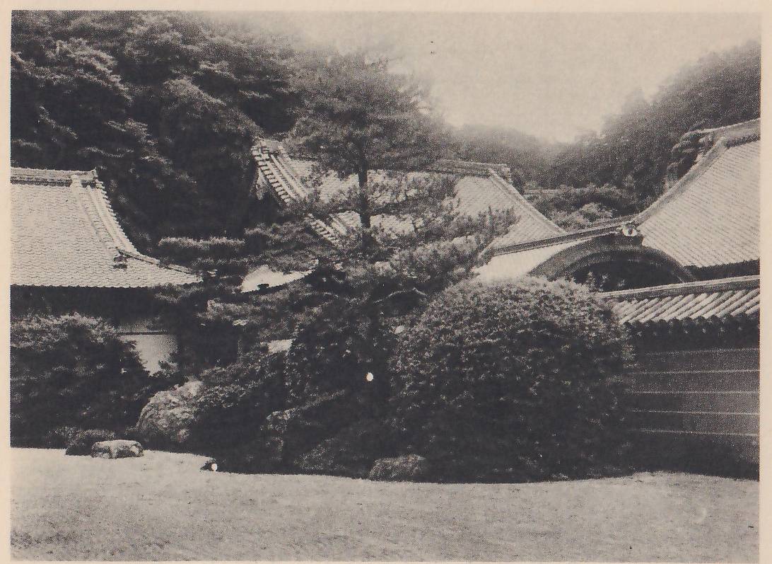 Photograph of a lawn in the foreground with a rounded clipped shrub, a pine and some rocks along its far edge, in front of several buildings with heavy tiled roofs, a roofed wall at the right, and wooded hills behind under a misty sky.