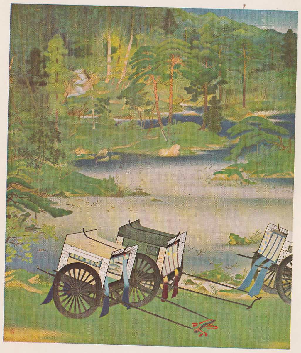 Colored painting of a wooded lake garden: a pale, misty pond with small birds over it, pines and green hills behind, and a stream falling at the upper left. In the foreground two carriages with large spoked wheels stand on the grass at the lower left, one pale and one dark green, with their shafts lying on the ground and blue and red cords hanging from them, and part of a third carriage shows at the right edge. A small red seal sits at the lower left, inside the painting's edge.