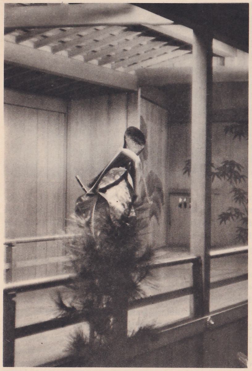 Photograph of a roofed wooden passage with railings: a costumed figure in a dark cap and a patterned robe, leaning forward, stands behind a small young pine tree in the lower center, with a tall post at the right and maple leaves at the right edge.