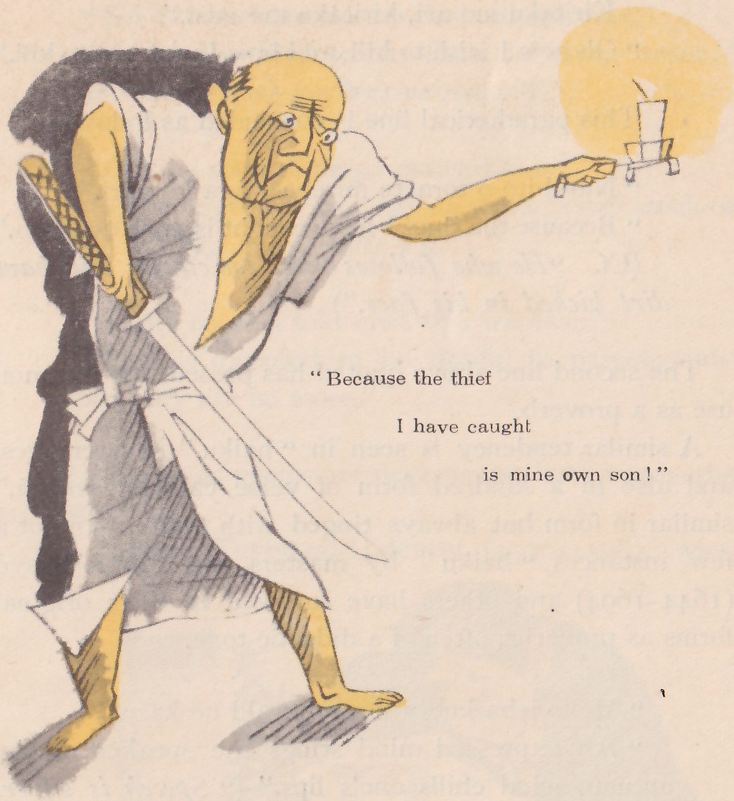 An old, wrinkled man in a white robe holds a drawn sword low in one hand and a candle on a stand out in the other, peering anxiously ahead; a yellow glow surrounds the candle.