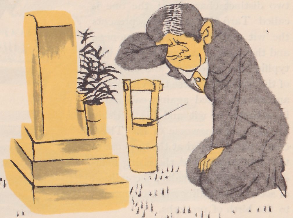 A man in a gray suit kneels before a tall gravestone with one arm across his face, weeping; a water bucket with a dipper and a vase of leaves stand beside the stone.