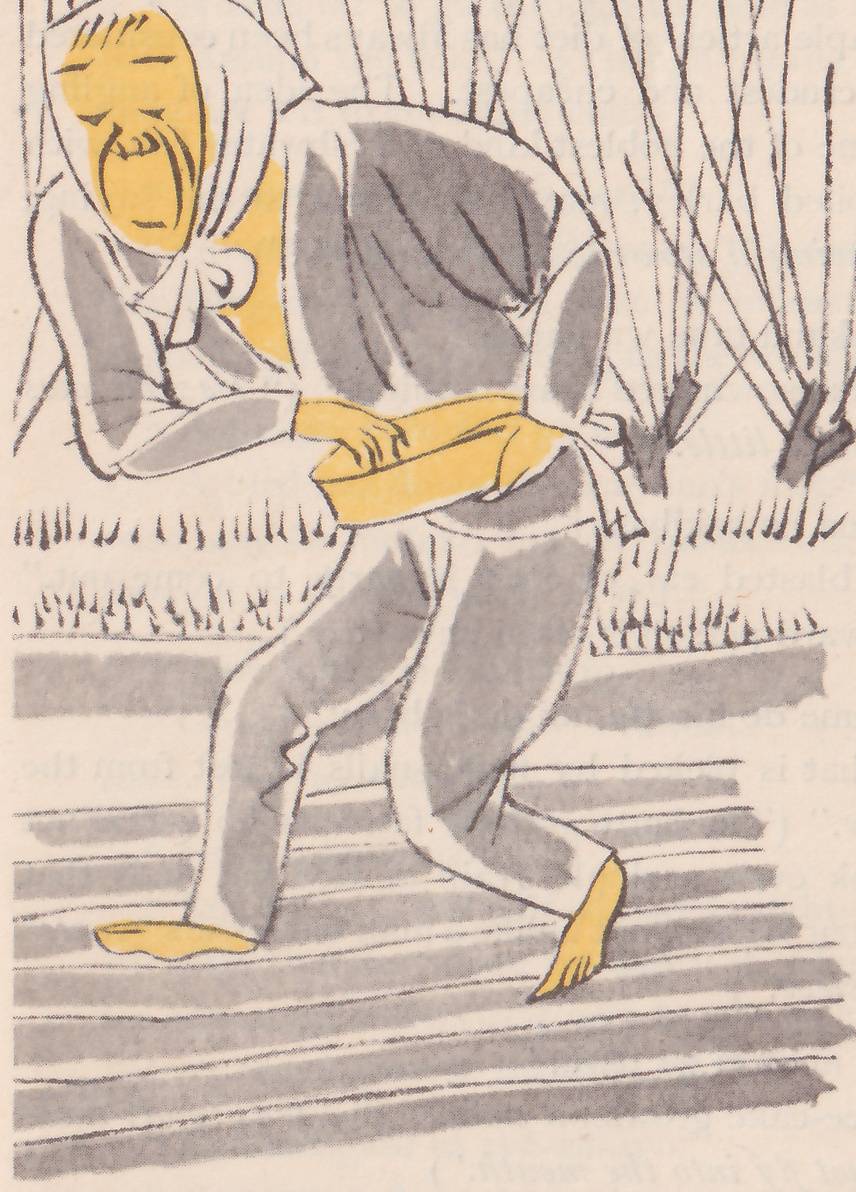 Right part of the same drawing: a farmer in a headcloth bends forward and scatters seed from a box held at his waist as he steps across plowed furrows, bare willow branches behind him.