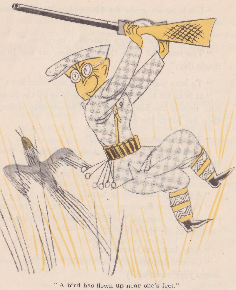 A man in a checked cap and round spectacles holds a long gun up over his head as a bird flies up out of the grass at his feet.
