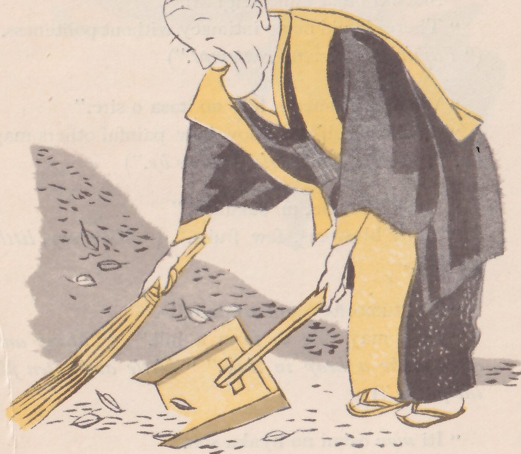 An old man in a dark coat sweeps fallen leaves into a dustpan with a straw broom.