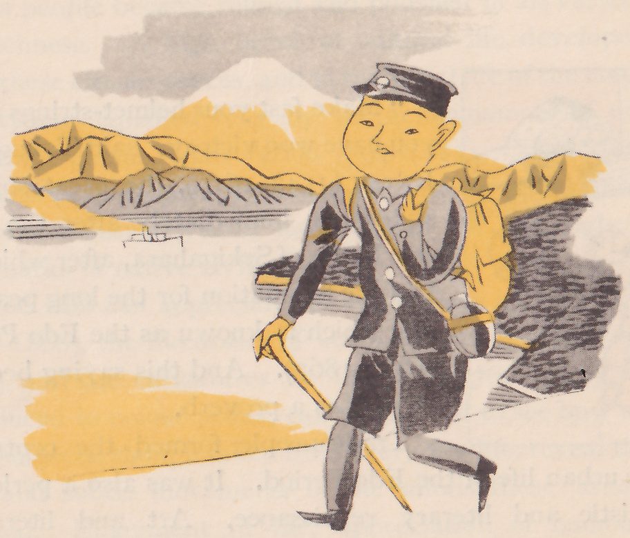 A schoolboy in a cap and uniform, a knapsack on his back and a stick in his hand, strides along a road with a lake and a snow-capped mountain behind him.