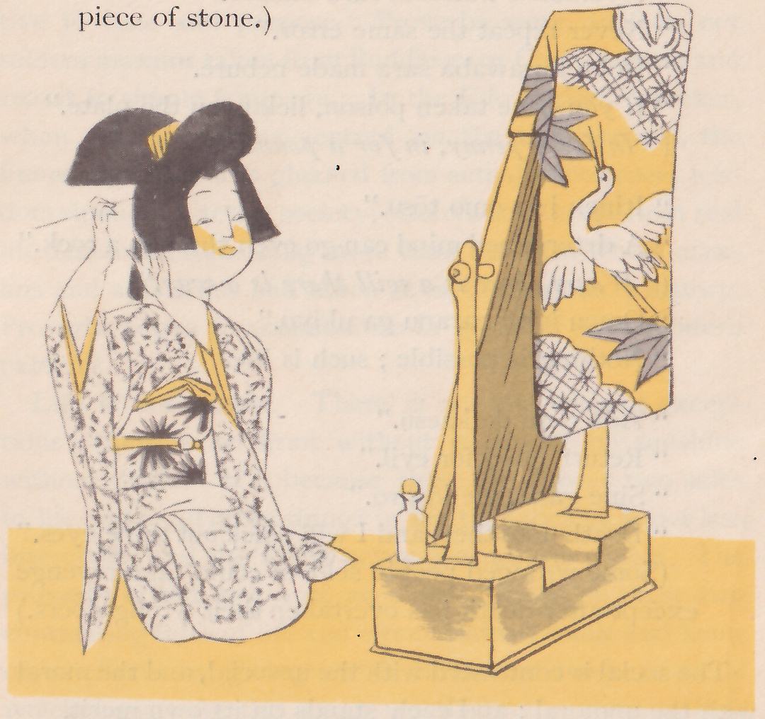 A woman in a patterned kimono kneels beside a standing mirror draped with a crane-patterned cloth, one hand raised to her hair.